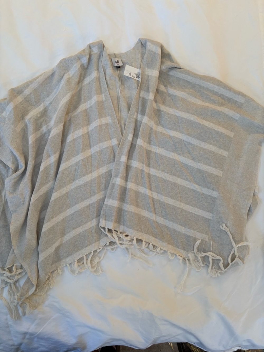 CAbi Striped Fringe Cape in Light Gray and Cream